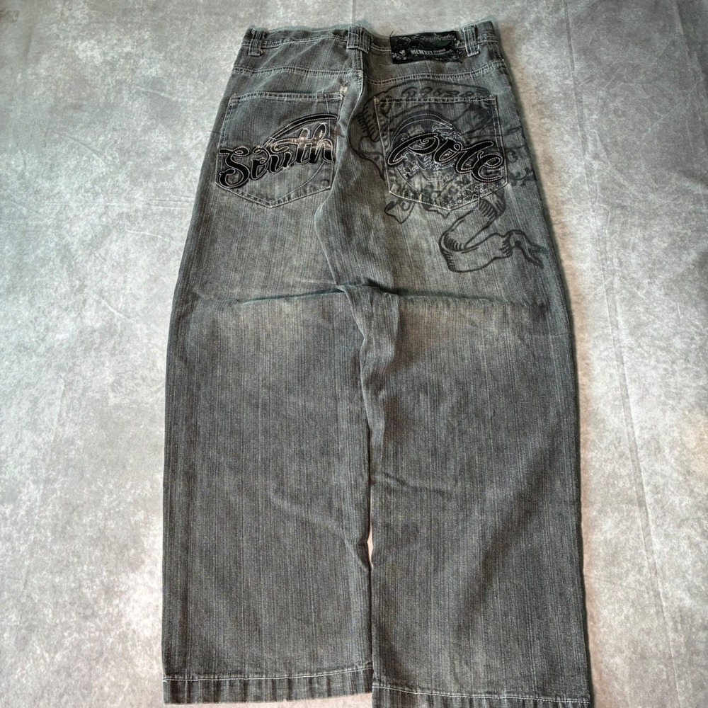 GRAIL Y2K Southpole Baggy Jeans Faded Black Embroidered Skull Wide Leg 34x32